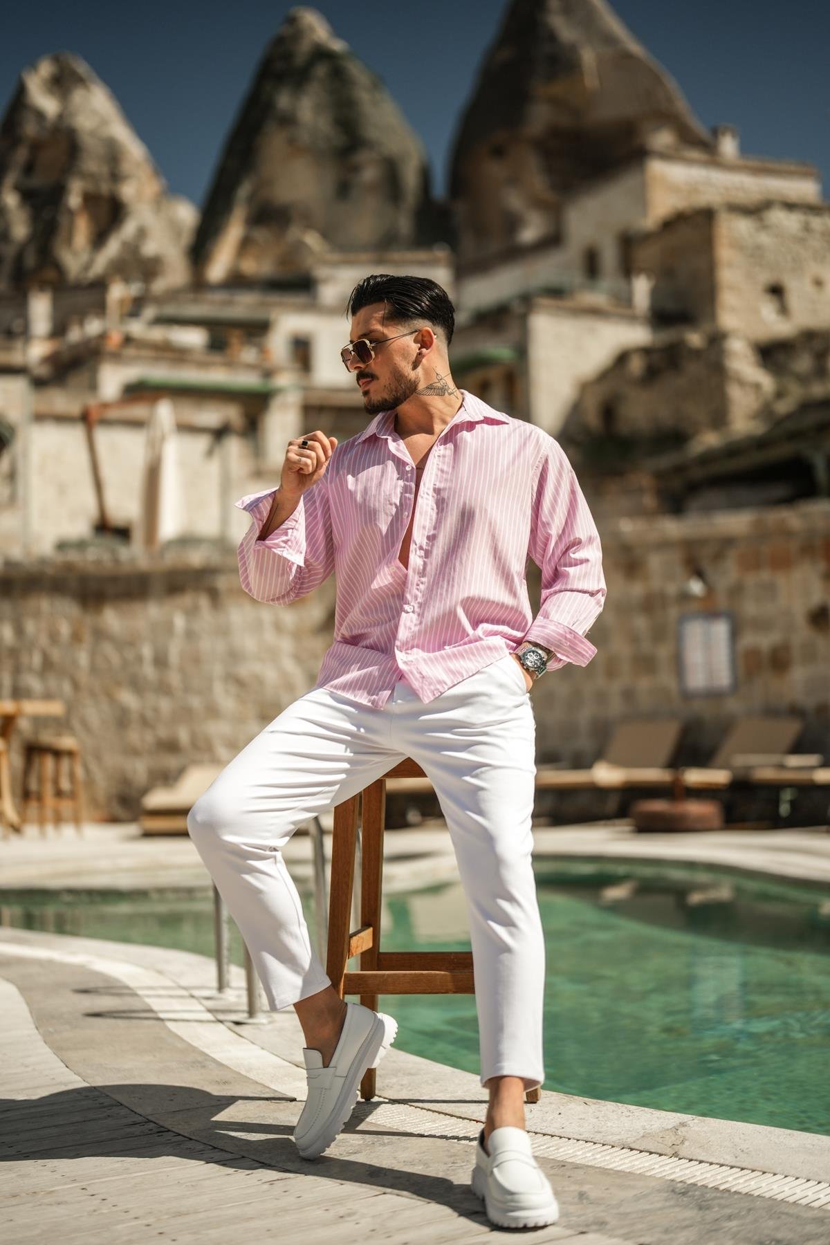 Çizgili Basic Oversize Gömlek Somon