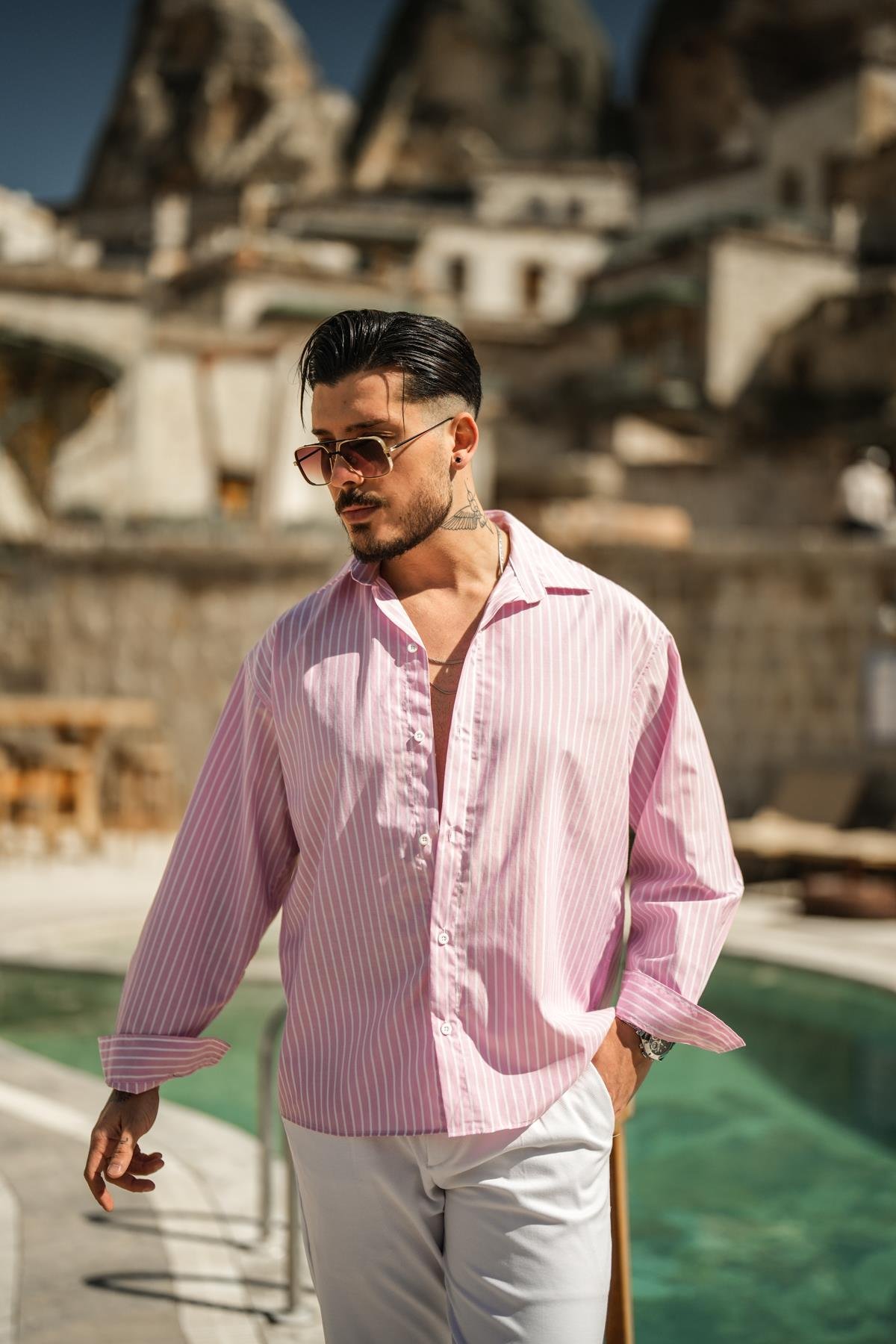 Çizgili Basic Oversize Gömlek Somon