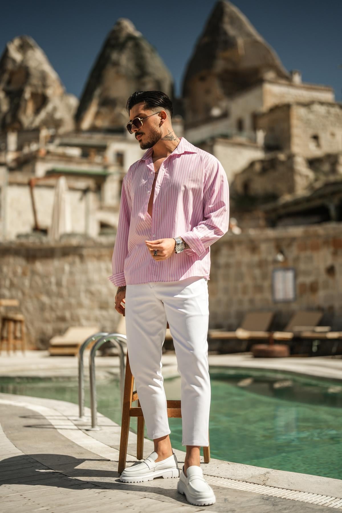 Çizgili Basic Oversize Gömlek Somon
