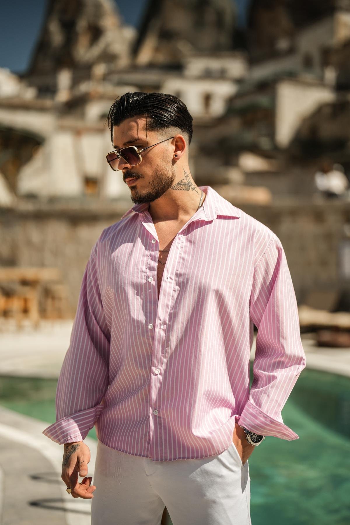 Çizgili Basic Oversize Gömlek Somon