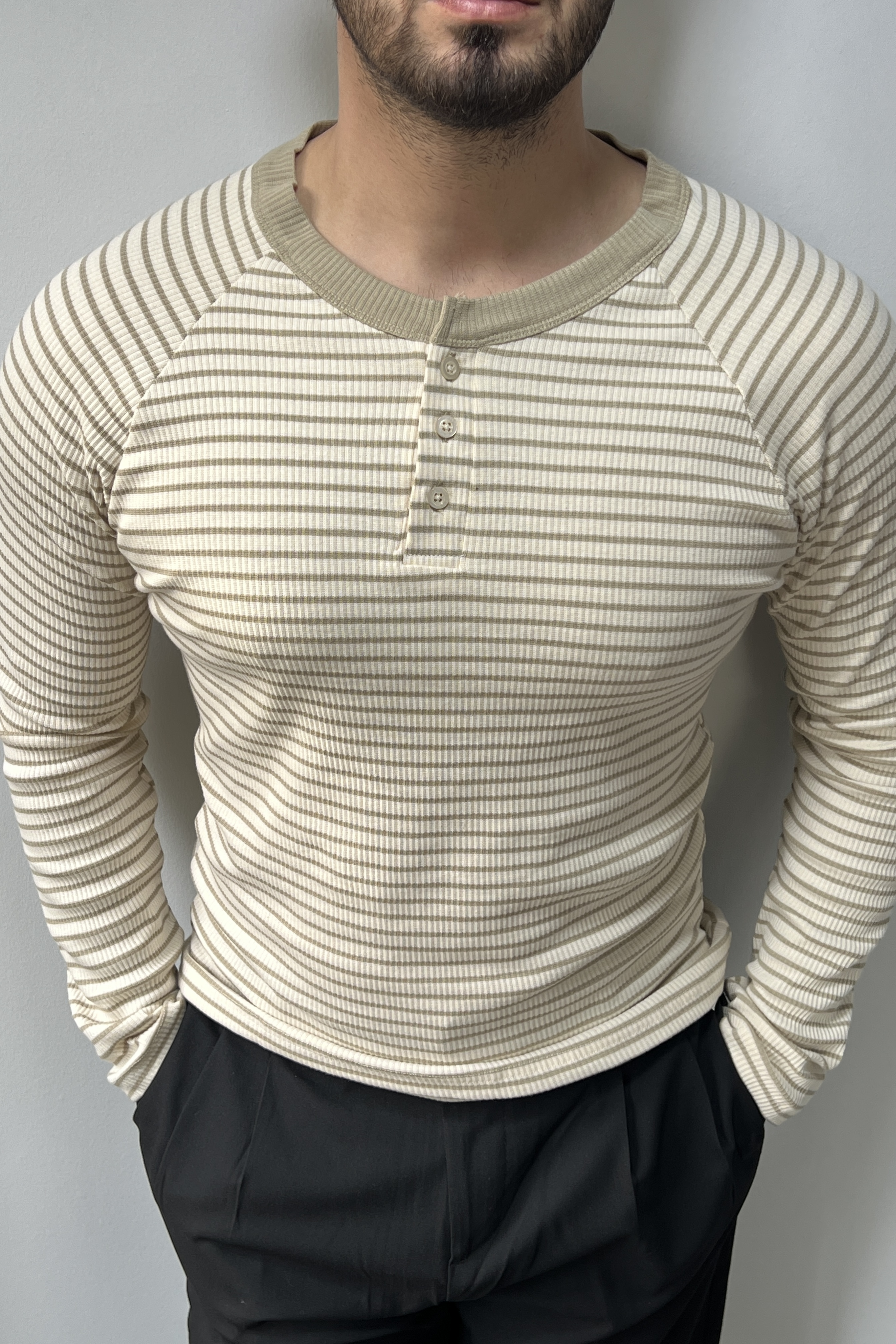 Çizgili Hakim Yaka Kazak Krem