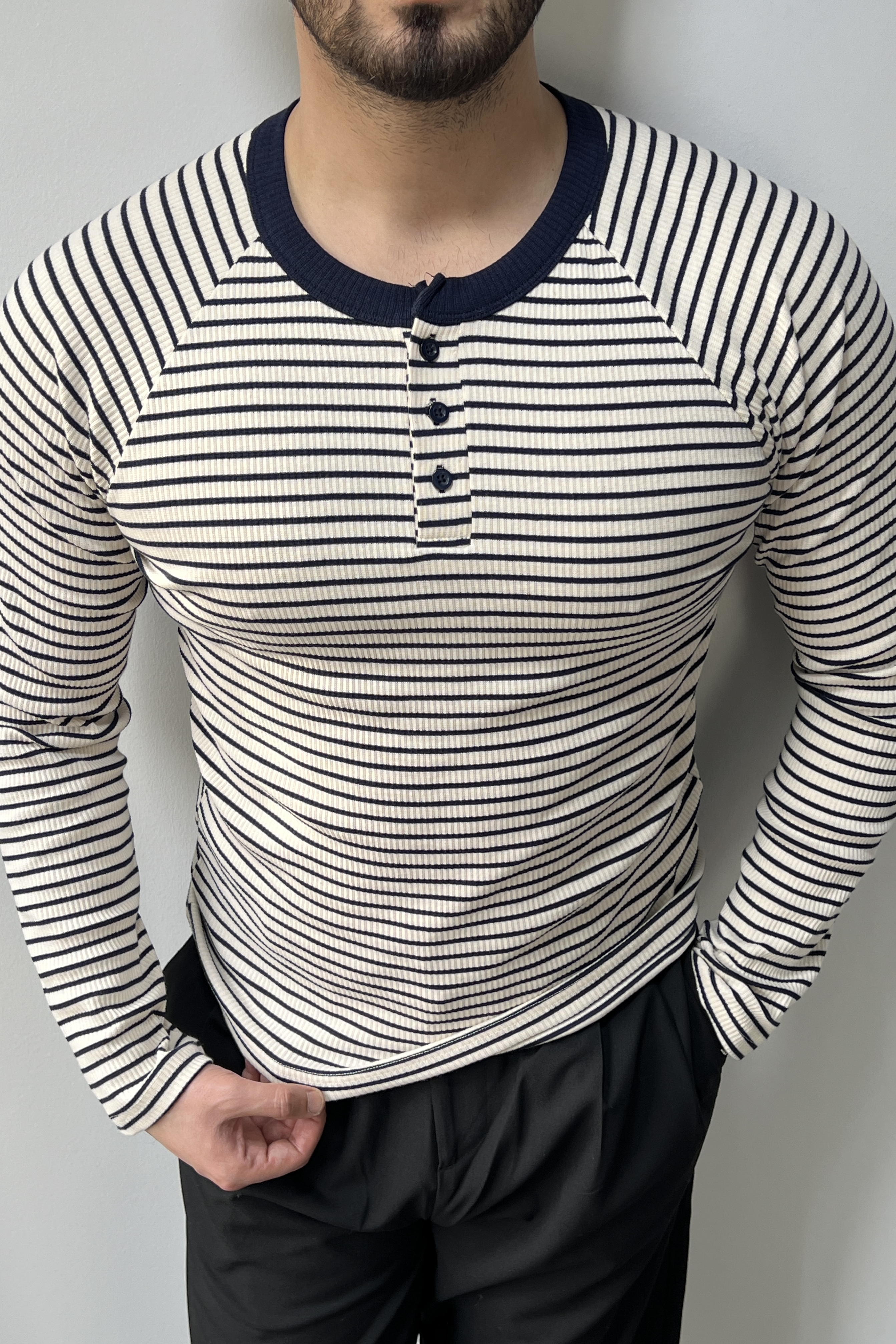 Çizgili Hakim Yaka Kazak Lacivert