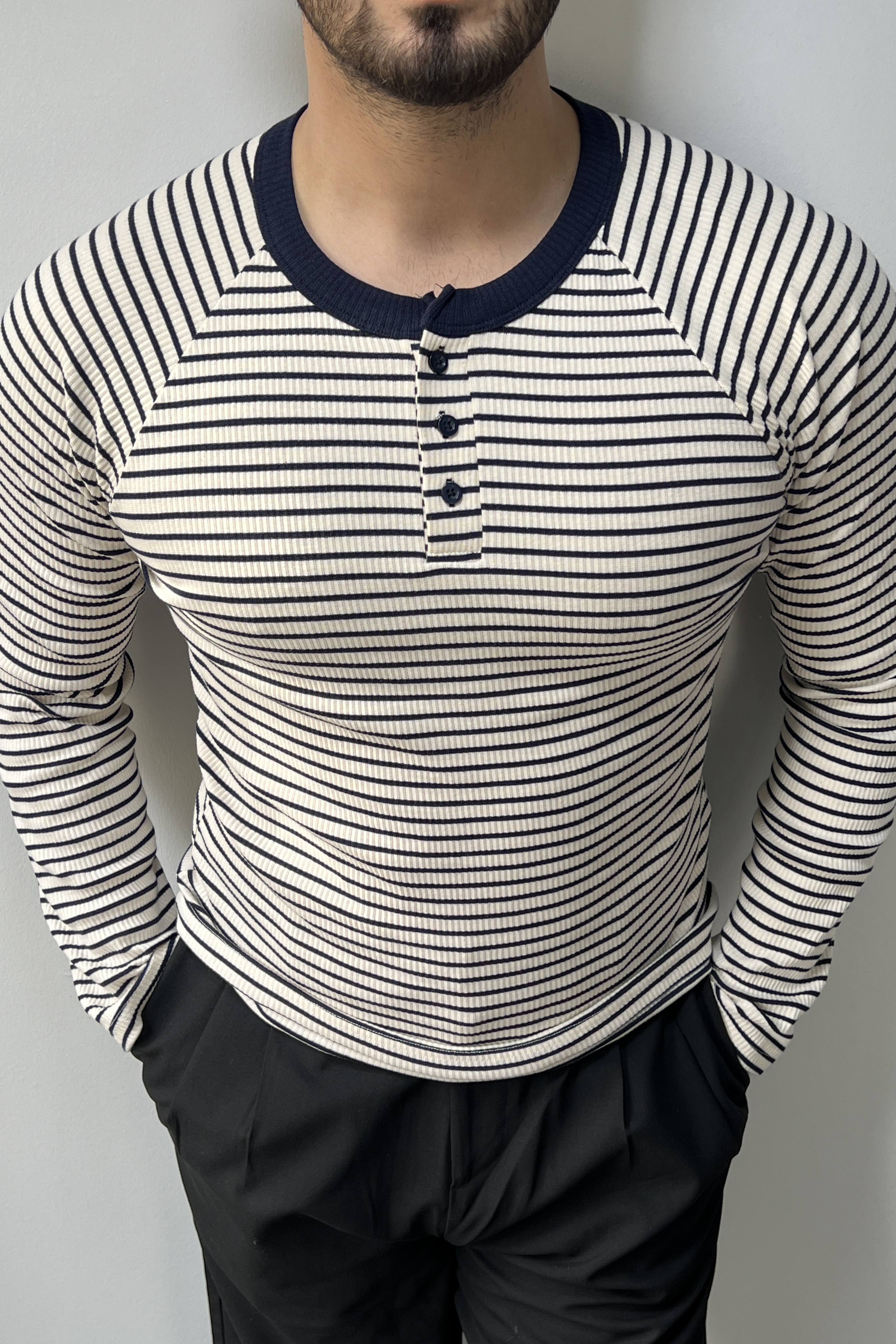 Çizgili Hakim Yaka Kazak Lacivert