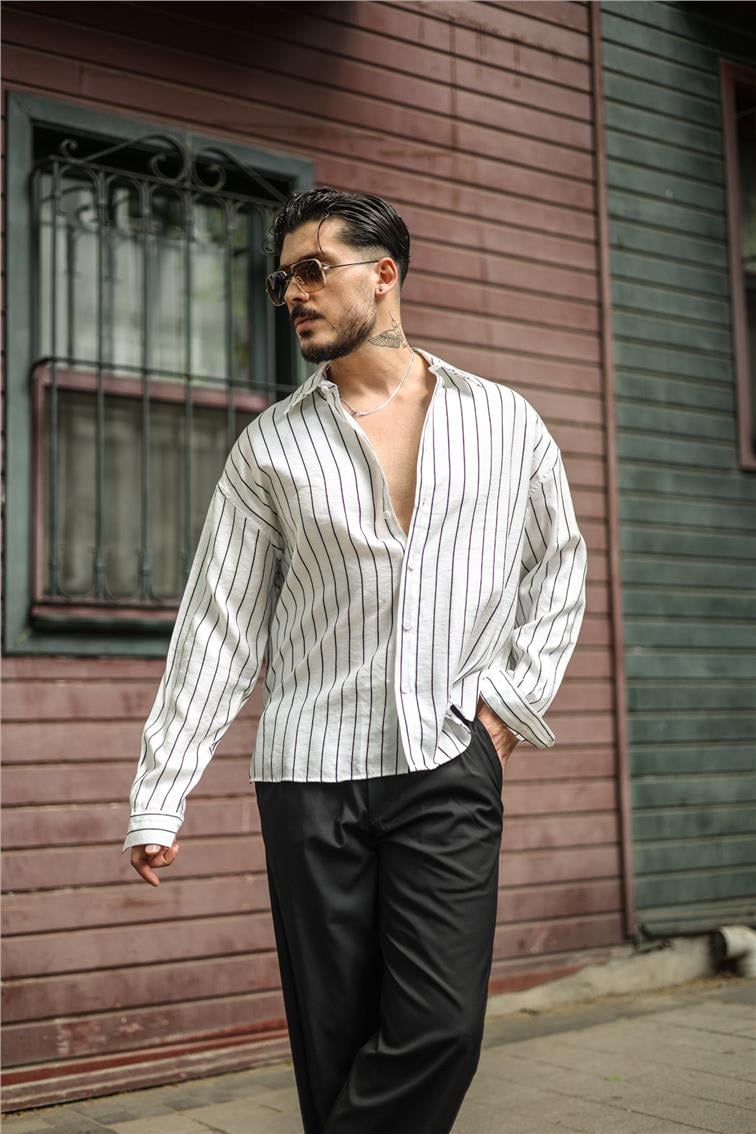 Çizgili İtalyan Oversize Gömlek Beyaz