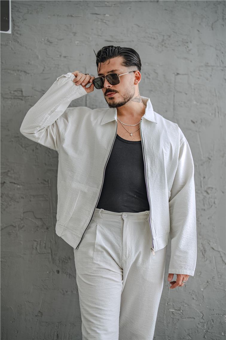 Çizgili Kabartmalı Oversize Takım Beyaz