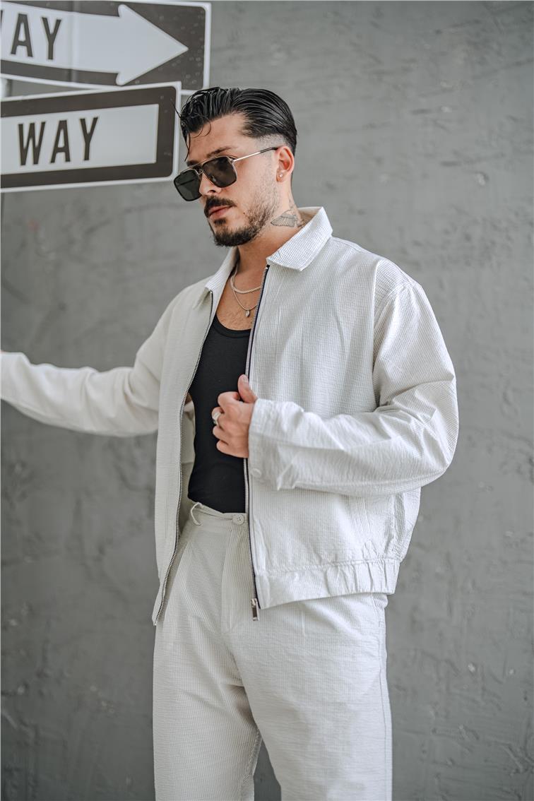 Çizgili Kabartmalı Oversize Takım Beyaz