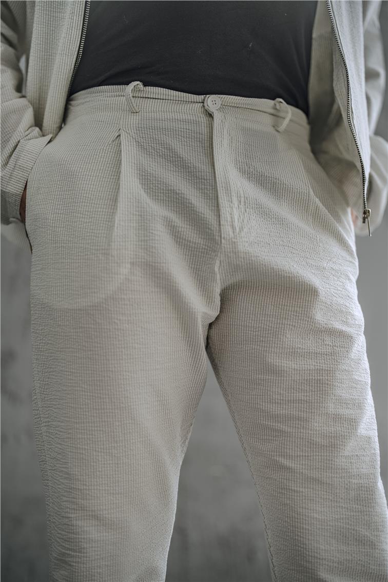 Çizgili Kabartmalı Oversize Takım Beyaz