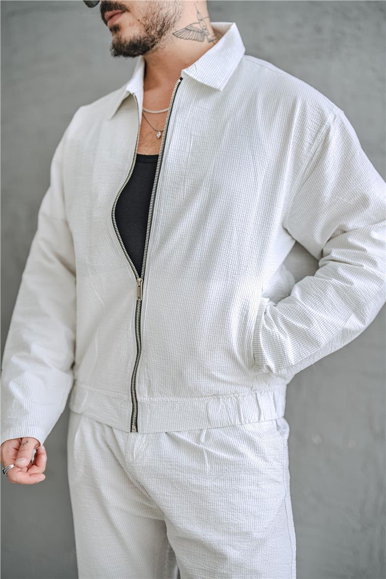 Çizgili Kabartmalı Oversize Takım Beyaz