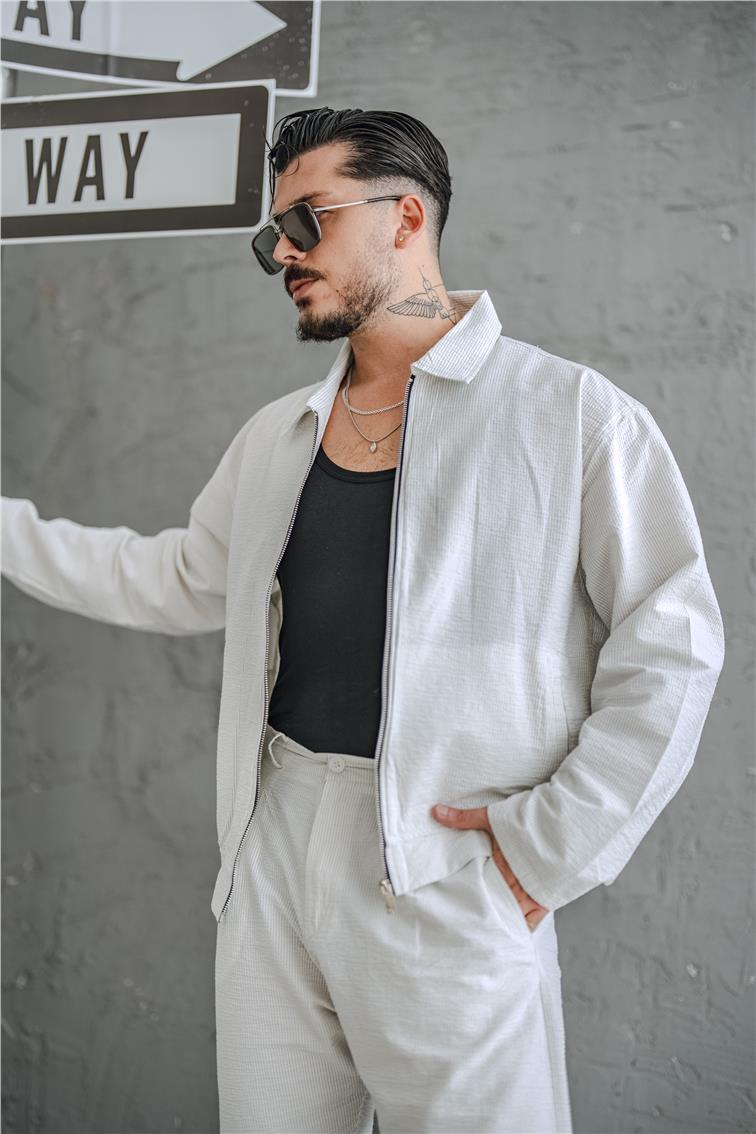 Çizgili Kabartmalı Oversize Takım Beyaz