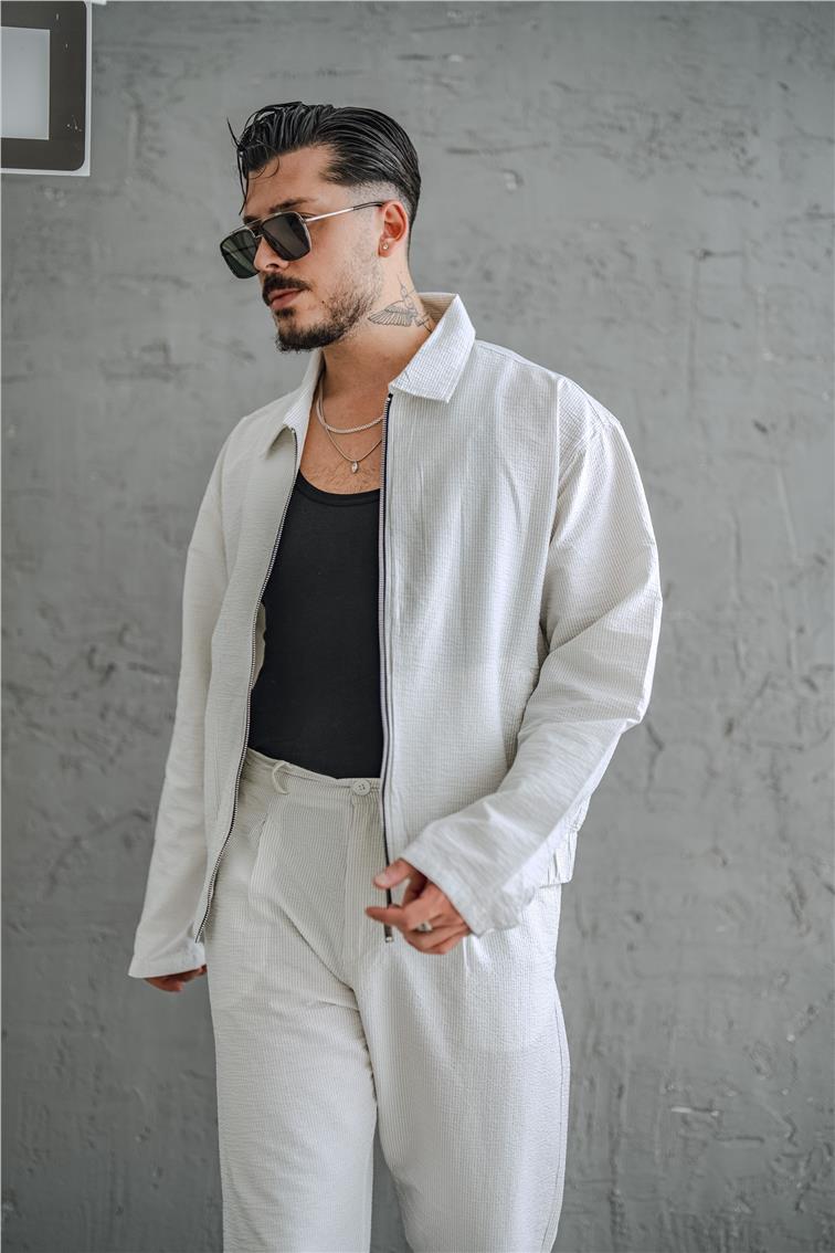 Çizgili Kabartmalı Oversize Takım Beyaz