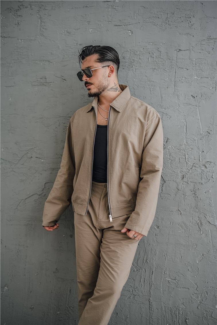 Çizgili Kabartmalı Oversize Takım Kahve