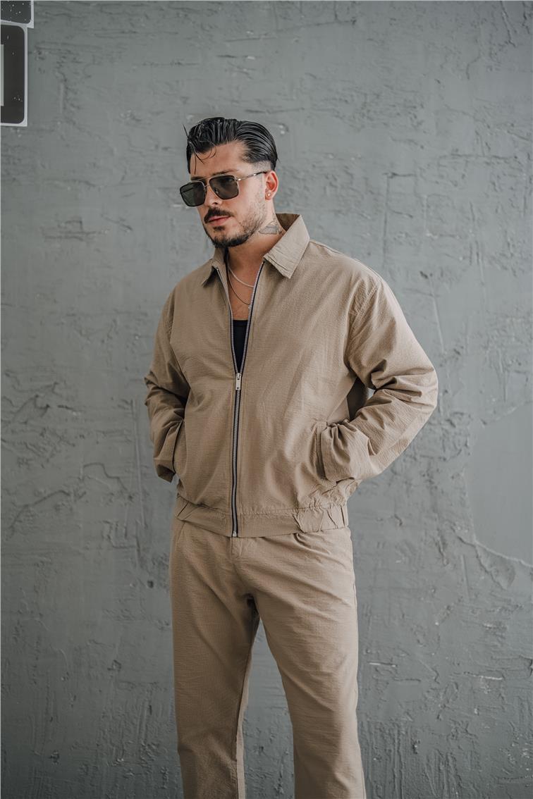 Çizgili Kabartmalı Oversize Takım Kahve
