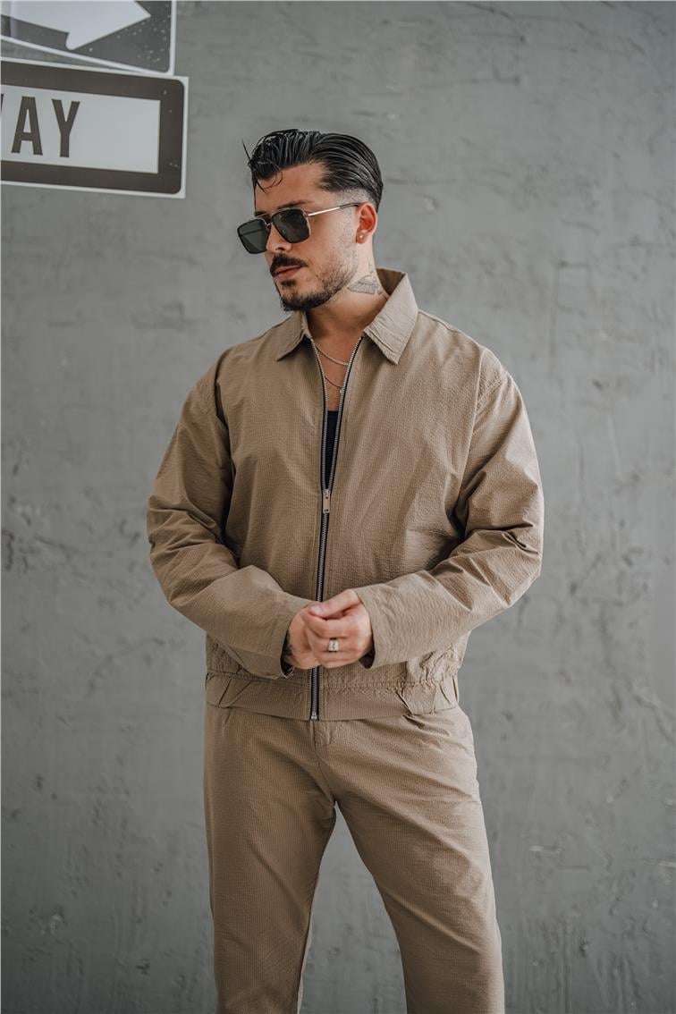 Çizgili Kabartmalı Oversize Takım Kahve