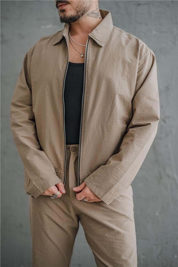 Çizgili Kabartmalı Oversize Takım Kahve