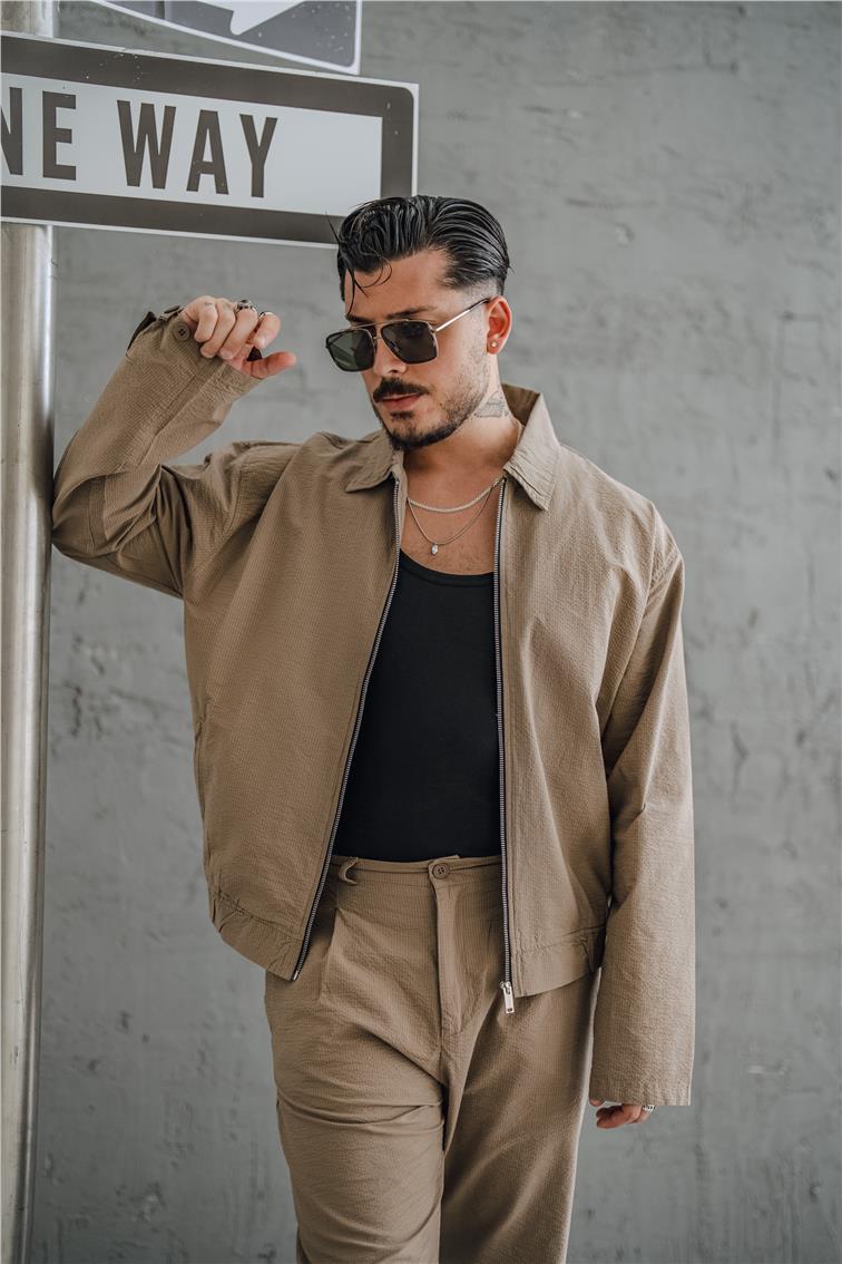 Çizgili Kabartmalı Oversize Takım Kahve