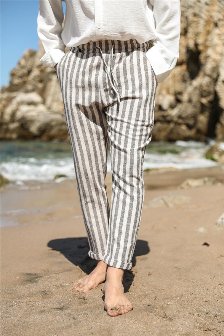 Çizgili Keten Slim Pantolon Siyah