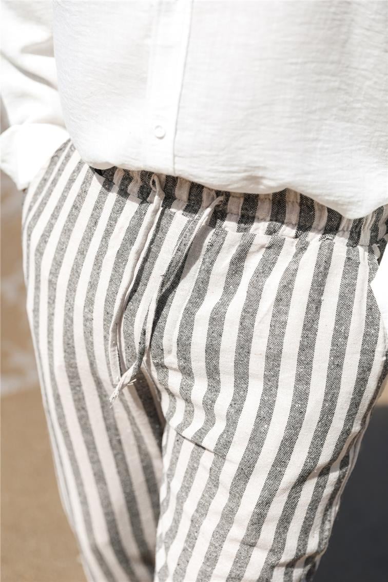 Çizgili Keten Slim Pantolon Siyah