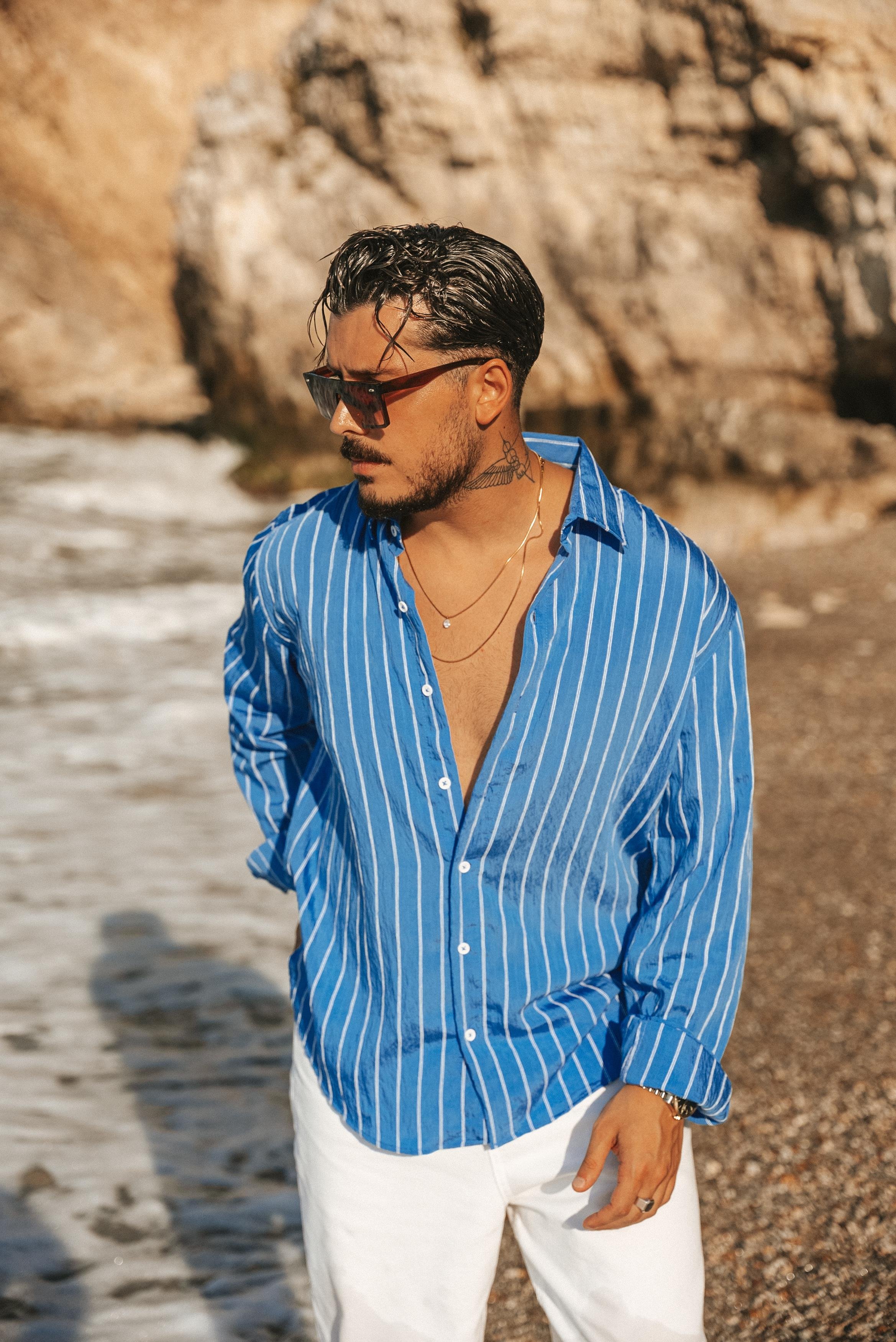 Çizgili Modal Oversize Gömlek Açık Mavi