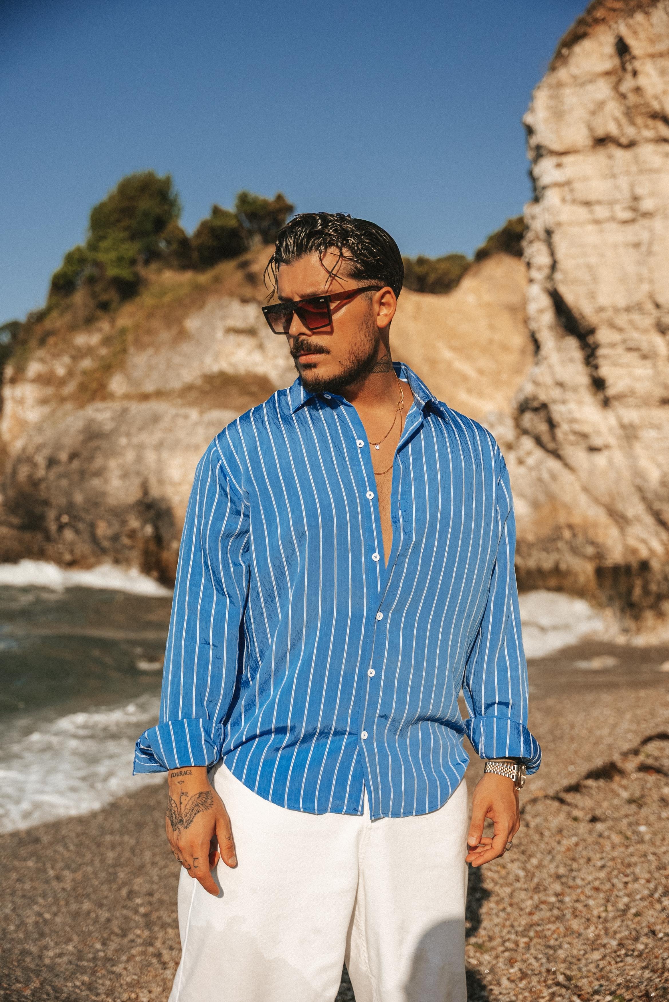 Çizgili Modal Oversize Gömlek Açık Mavi