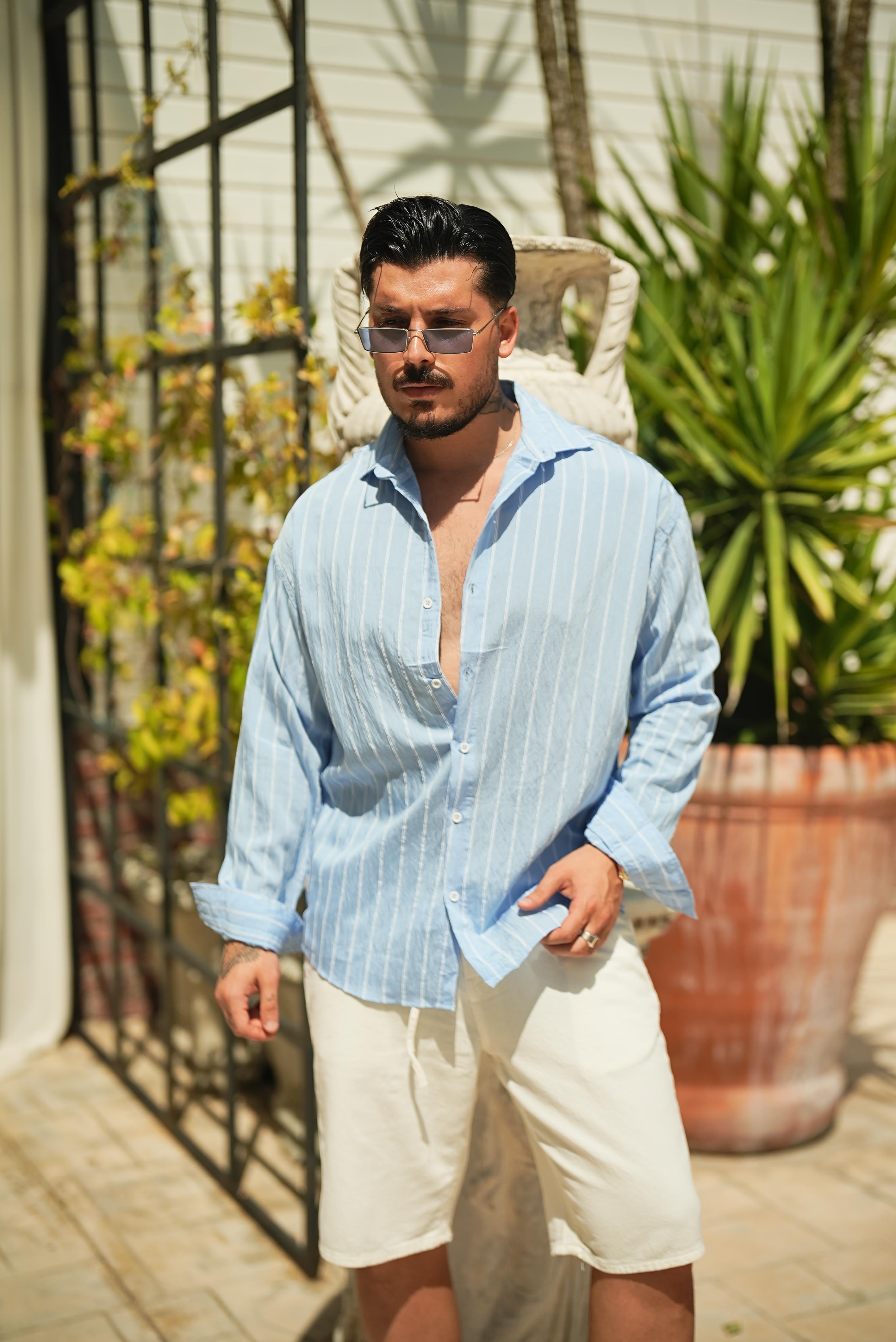 Çizgili Modal Oversize Gömlek Bebe Mavisi