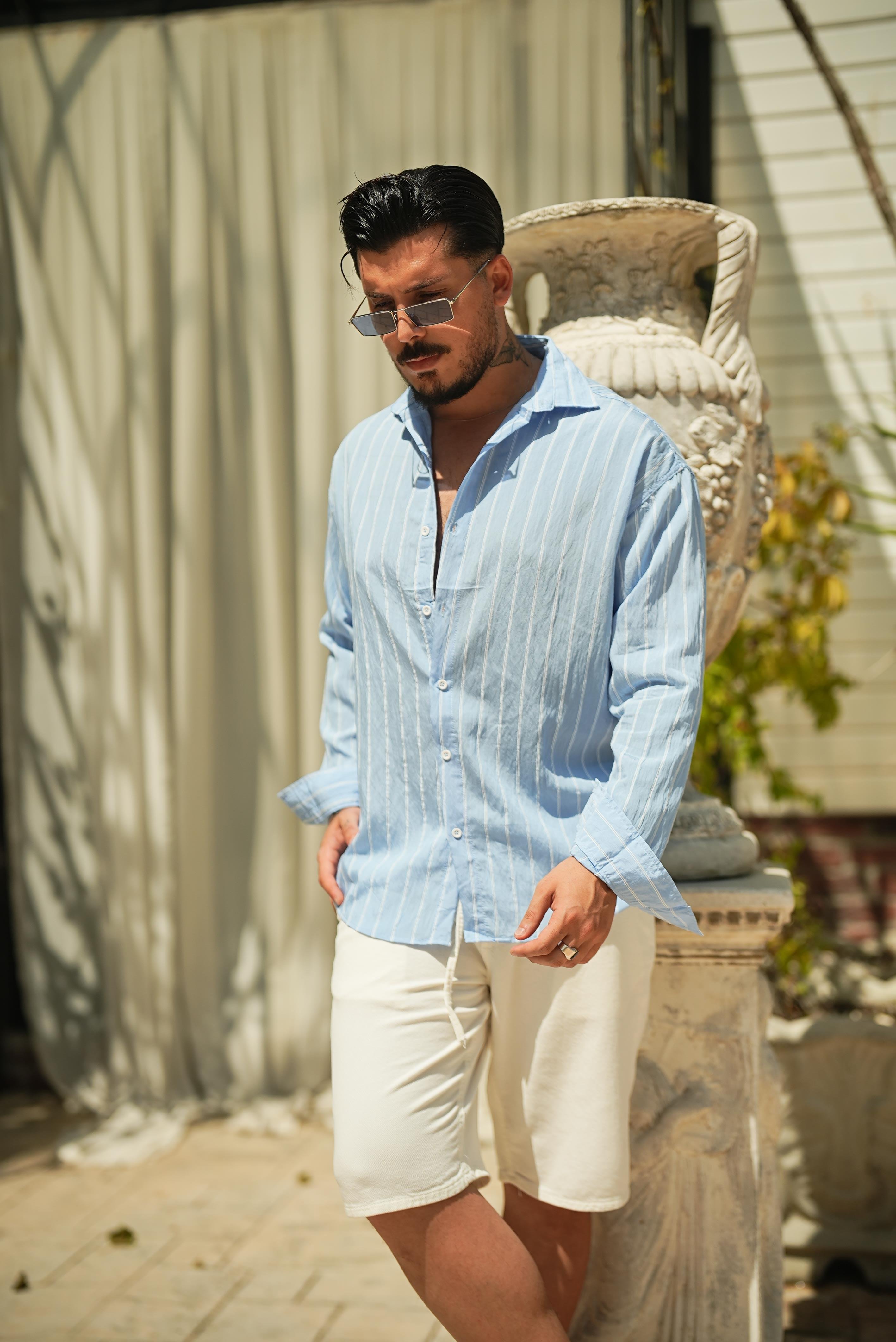 Çizgili Modal Oversize Gömlek Bebe Mavisi