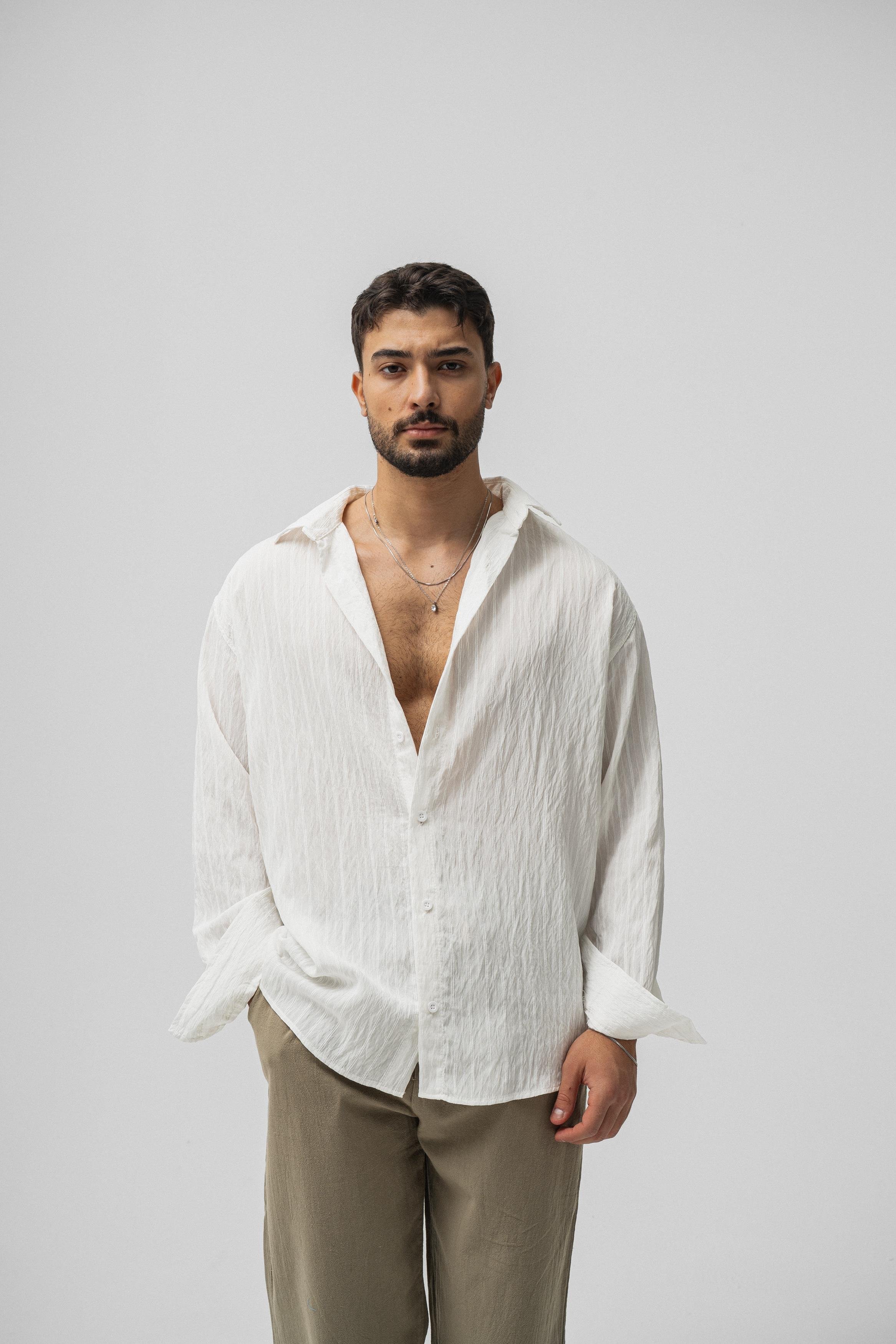 Çizgili Modal Oversize Gömlek Beyaz