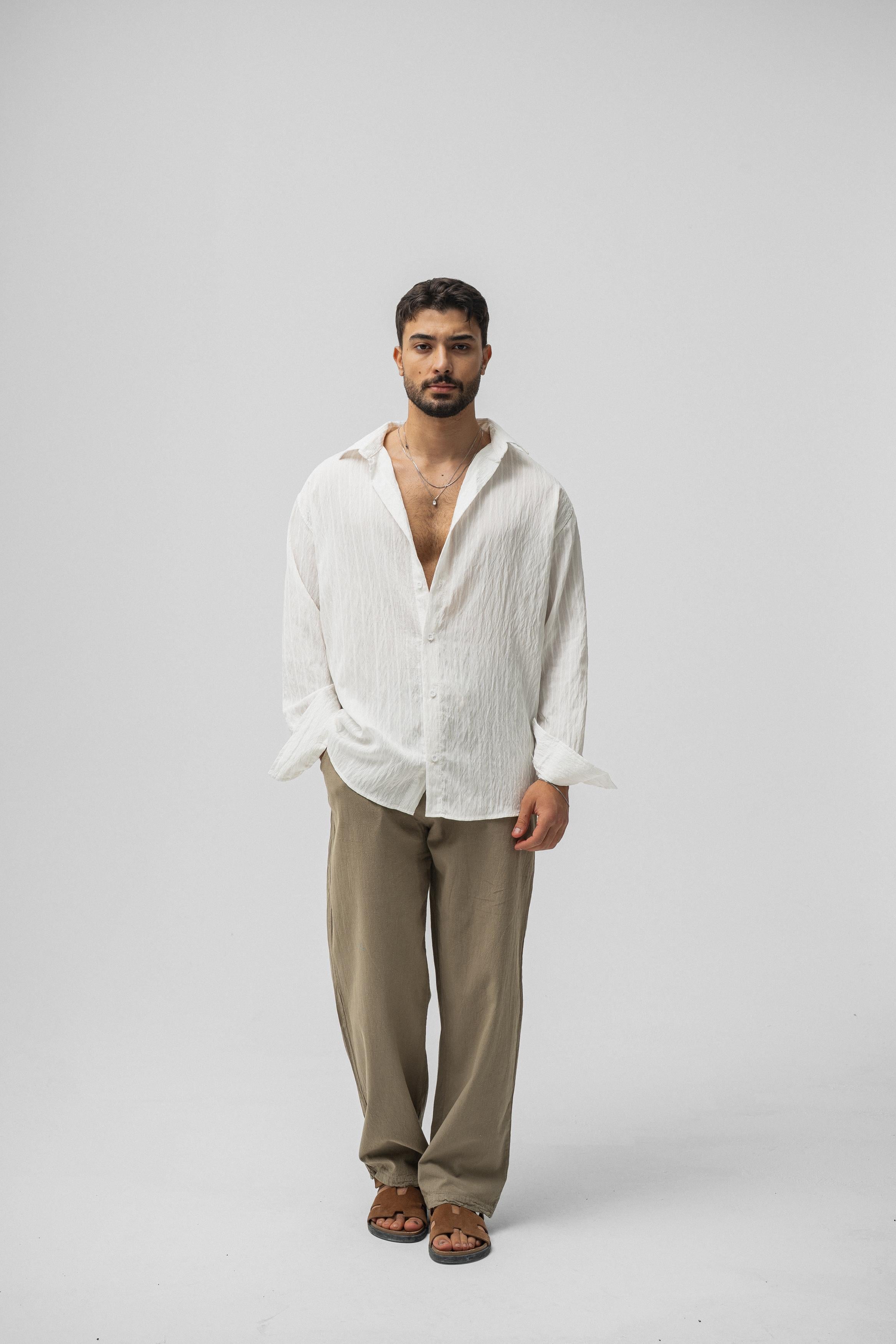Çizgili Modal Oversize Gömlek Beyaz