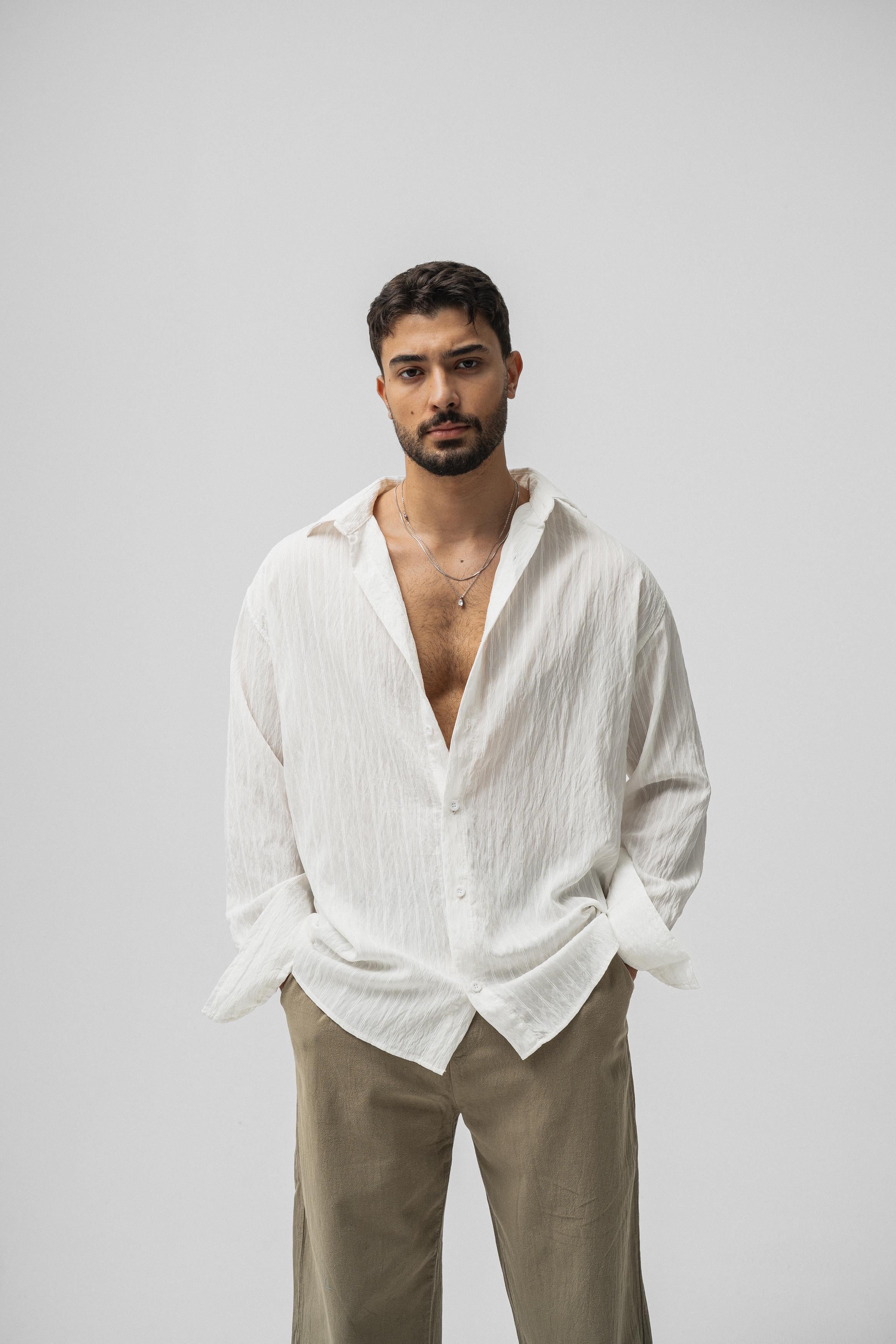 Çizgili Modal Oversize Gömlek Beyaz