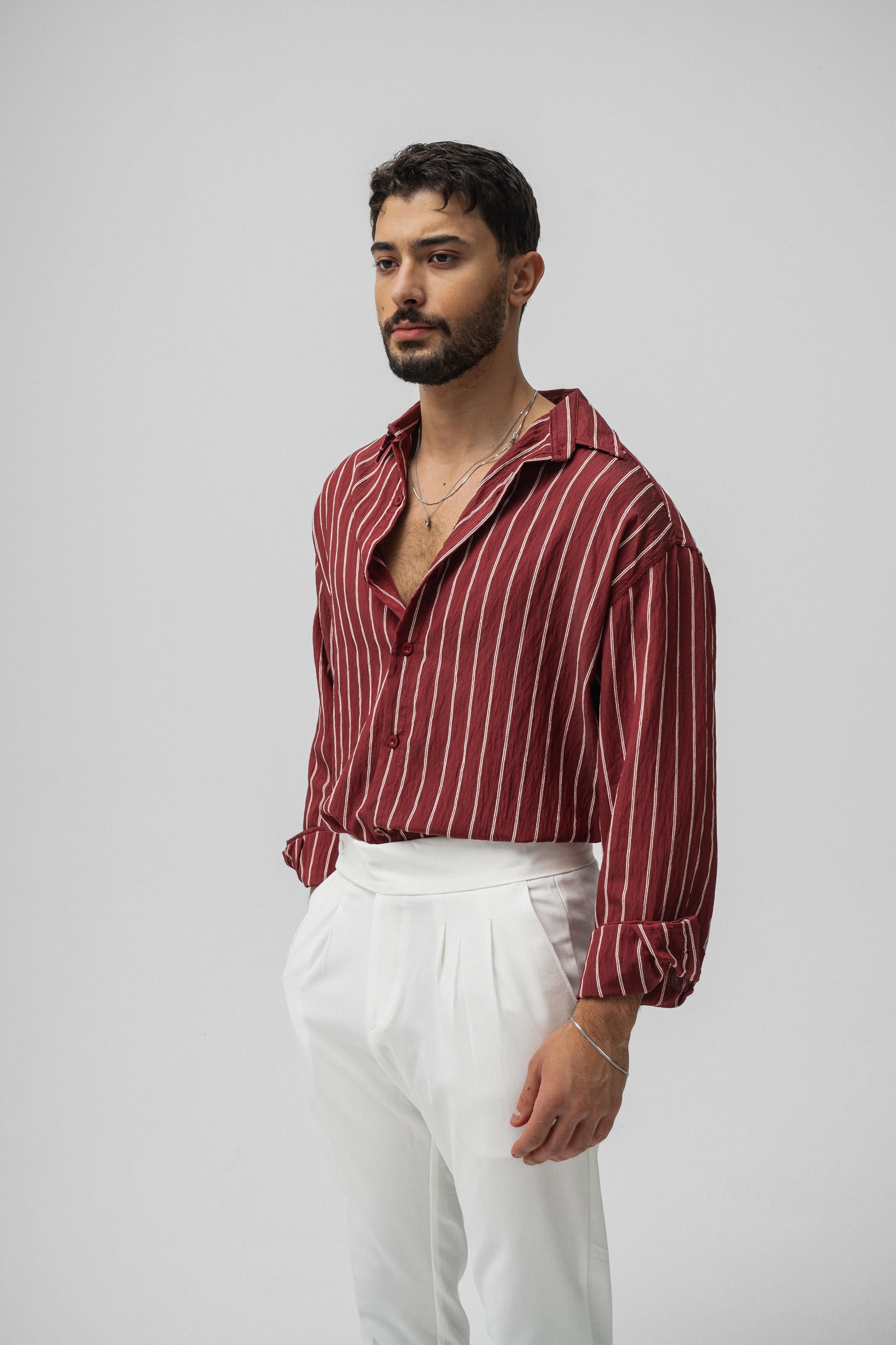 Çizgili Modal Oversize Gömlek Kırmızı