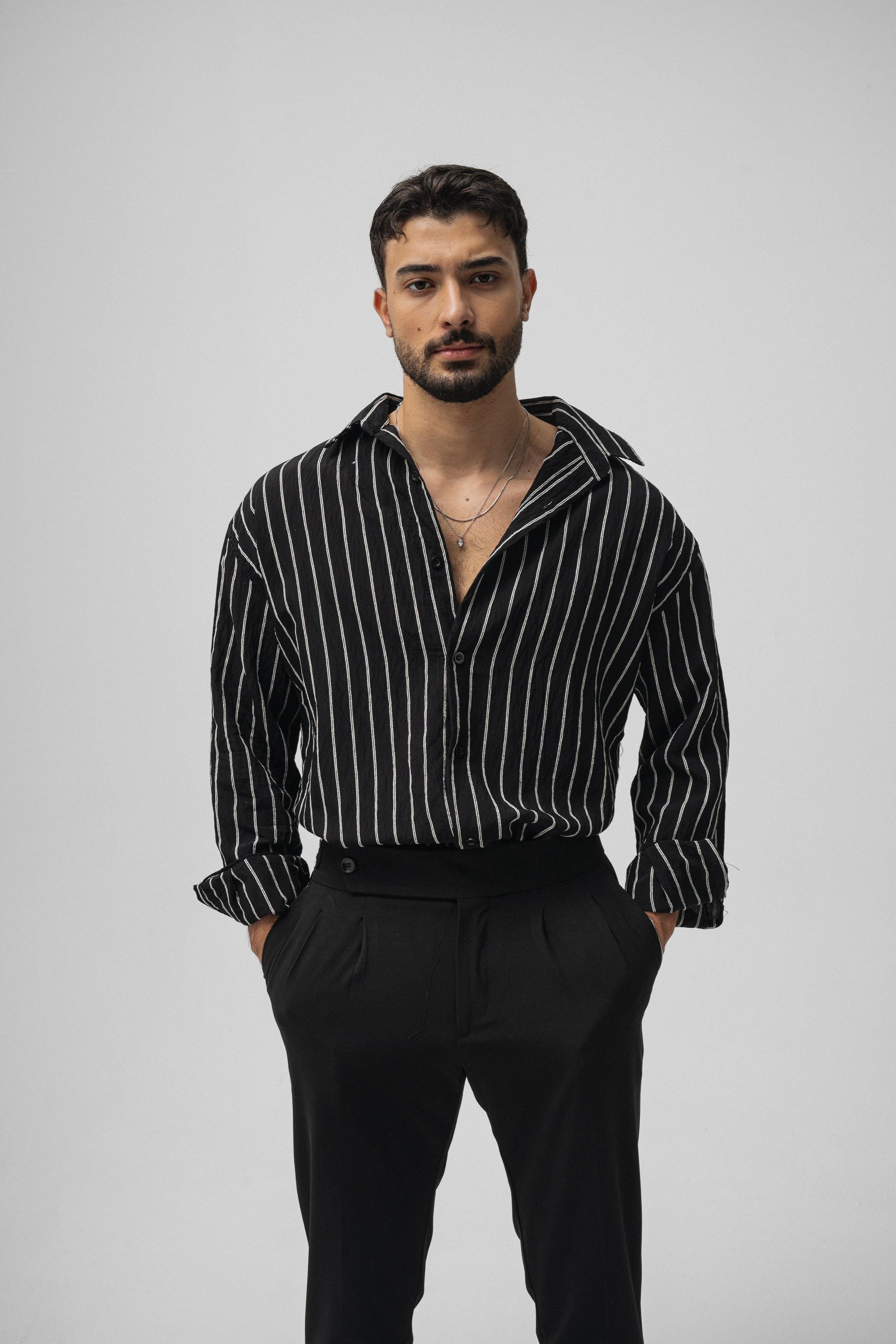 Çizgili Modal Oversize Gömlek Siyah