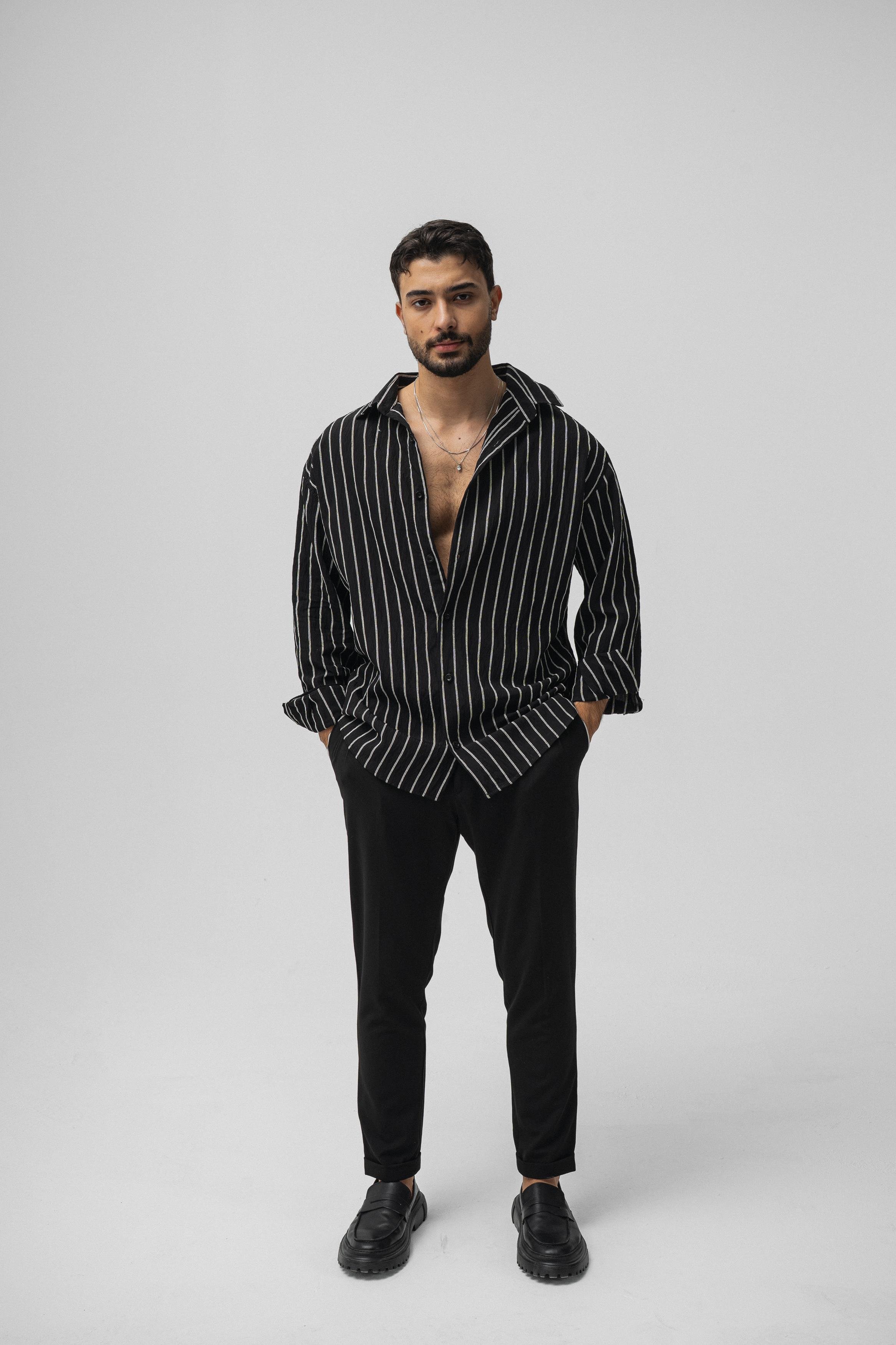 Çizgili Modal Oversize Gömlek Siyah