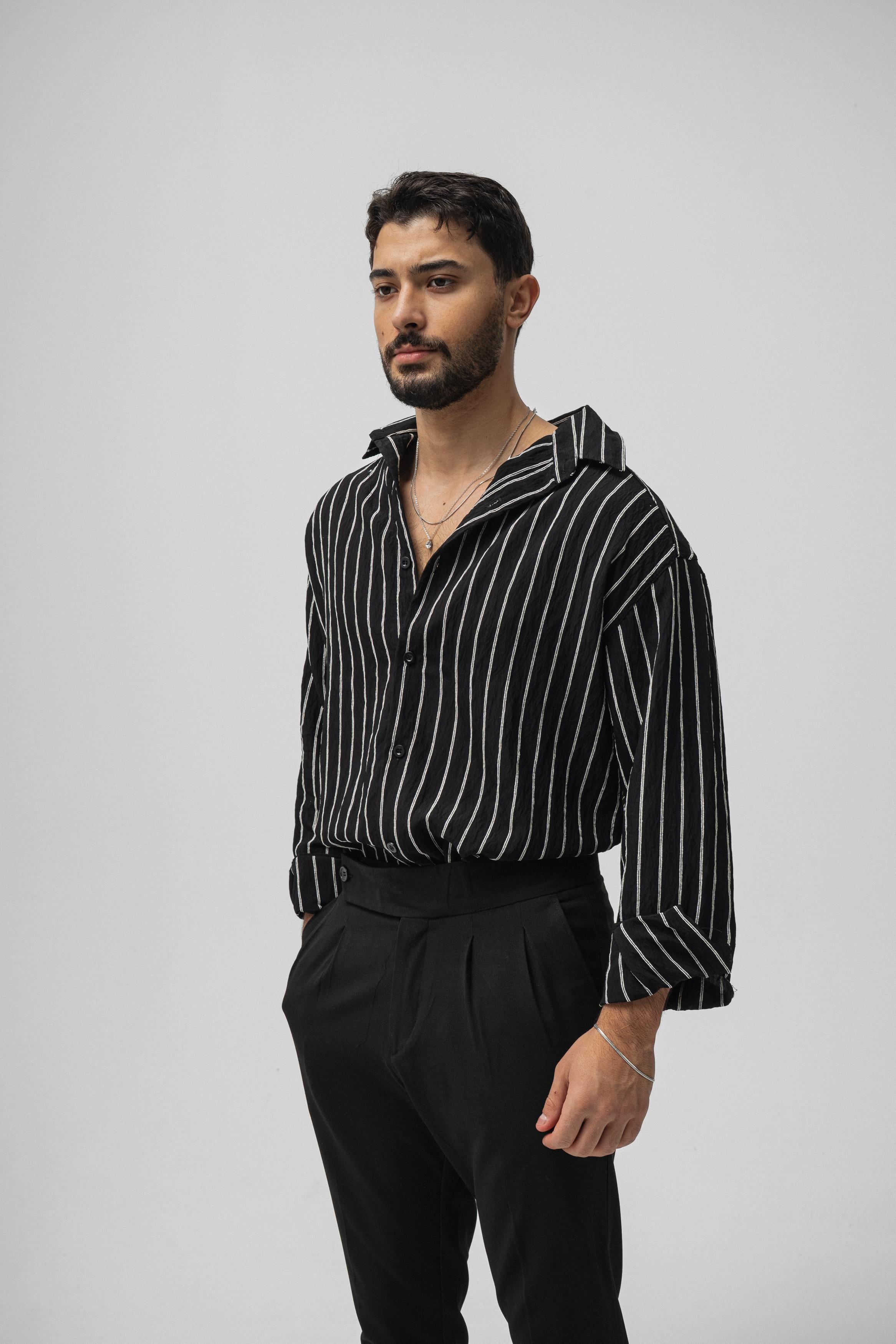 Çizgili Modal Oversize Gömlek Siyah