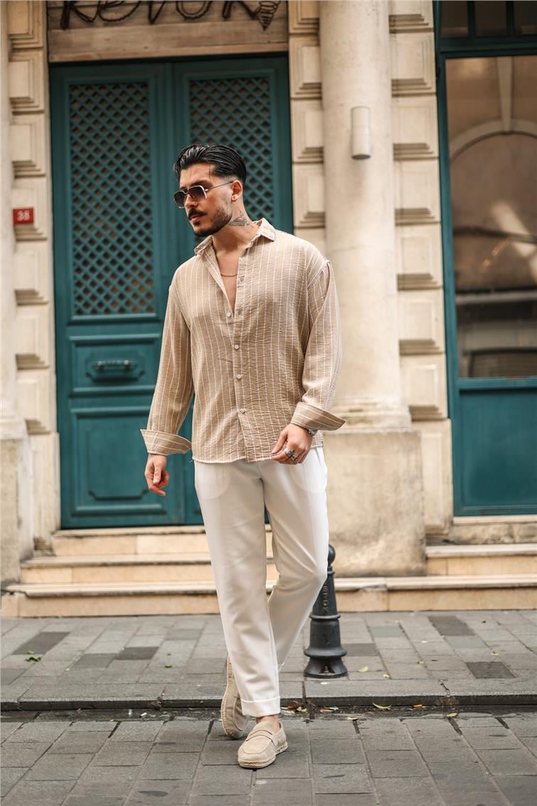 Çizgili Pamuklu Oversize Gömlek Bej