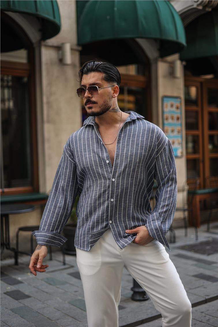Çizgili Pamuklu Oversize Gömlek Füme