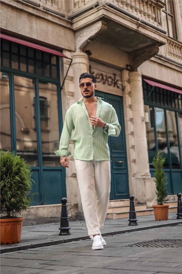 Çizgili Pamuklu Oversize Gömlek Su Yeşili