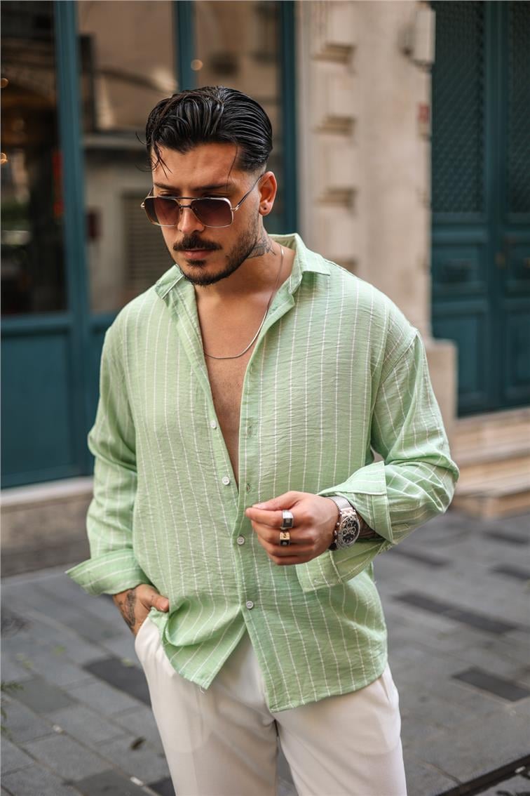 Çizgili Pamuklu Oversize Gömlek Su Yeşili