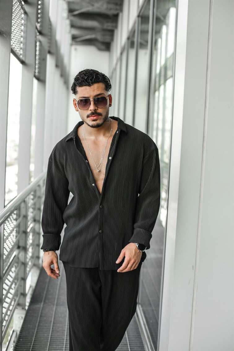 Çizgili Pilili Oversize Gömlek