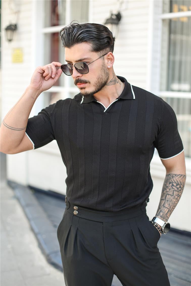 Çizgili Polo Yaka T-Shirt Siyah