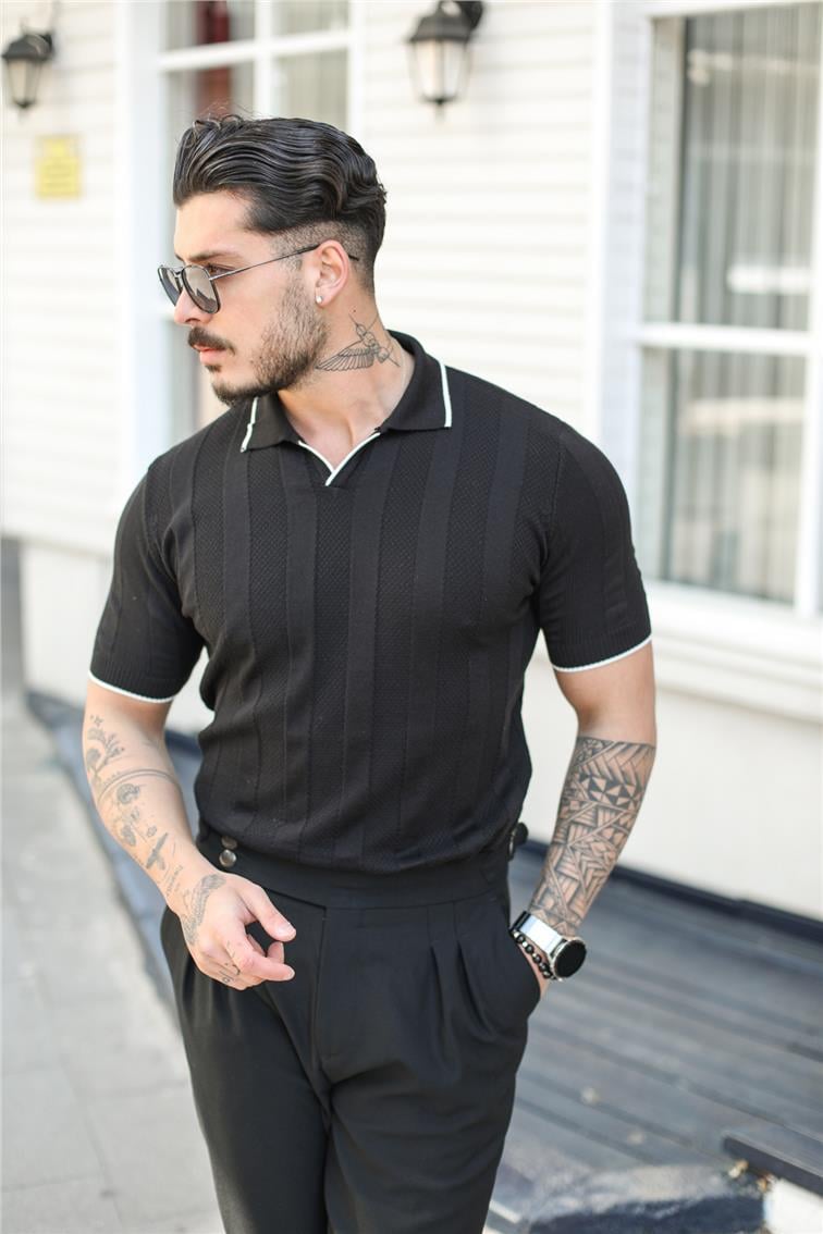 Çizgili Polo Yaka T-Shirt Siyah