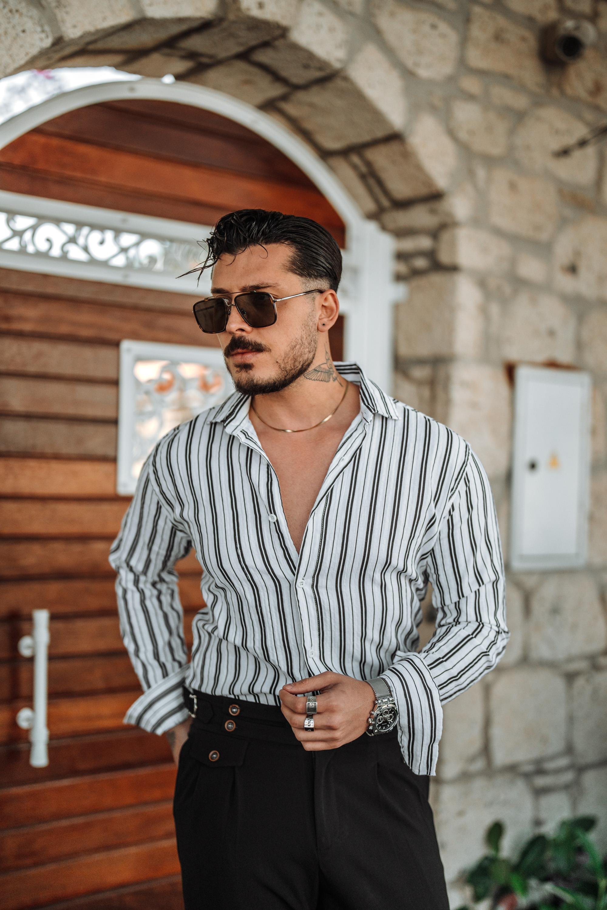 Çizgili Slim Fit Gömlek Siyah