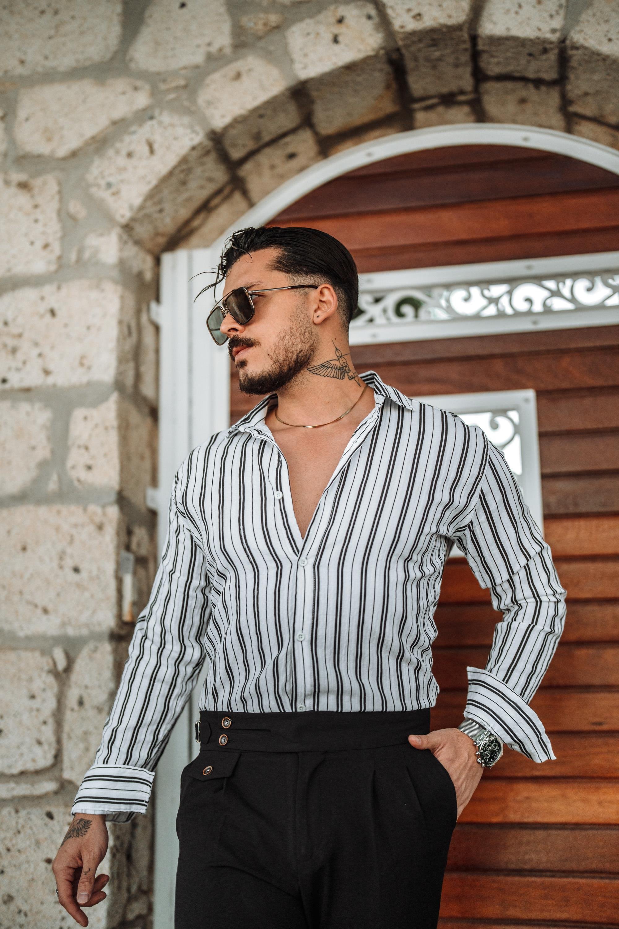 Çizgili Slim Fit Gömlek Siyah