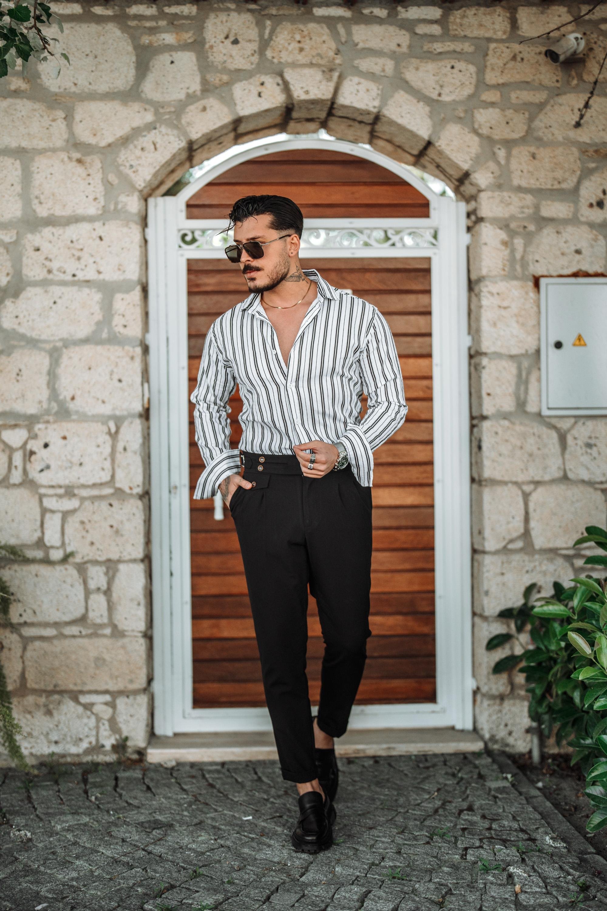 Çizgili Slim Fit Gömlek Siyah