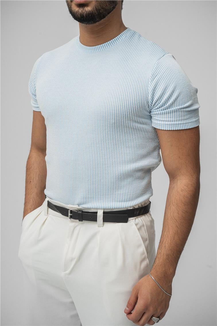 Çizgili Slim Fit T-Shirt Açık Mavi