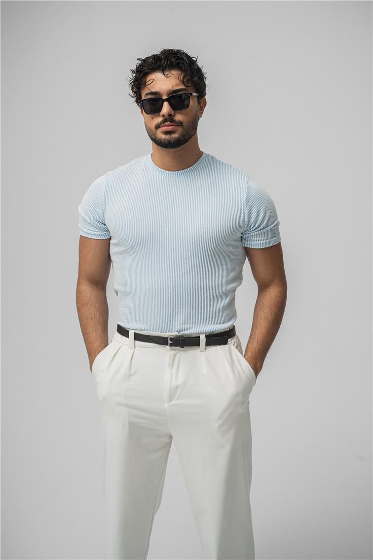 Çizgili Slim Fit T-Shirt Açık Mavi