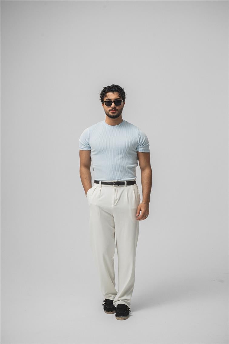 Çizgili Slim Fit T-Shirt Açık Mavi