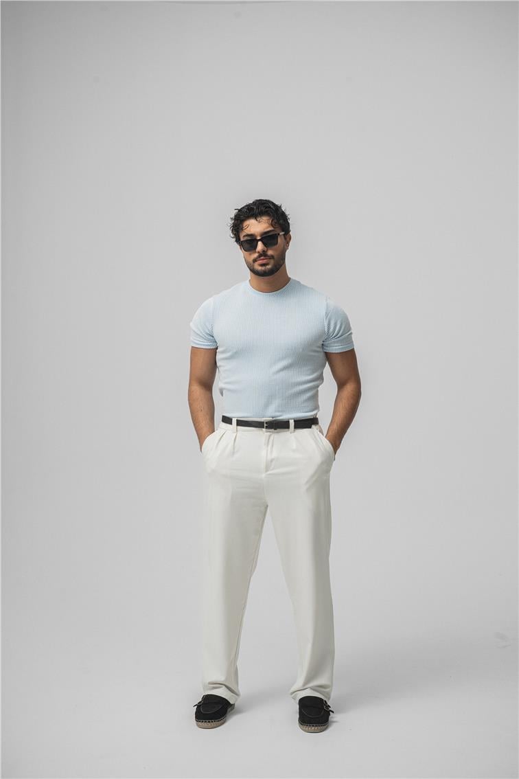 Çizgili Slim Fit T-Shirt Açık Mavi