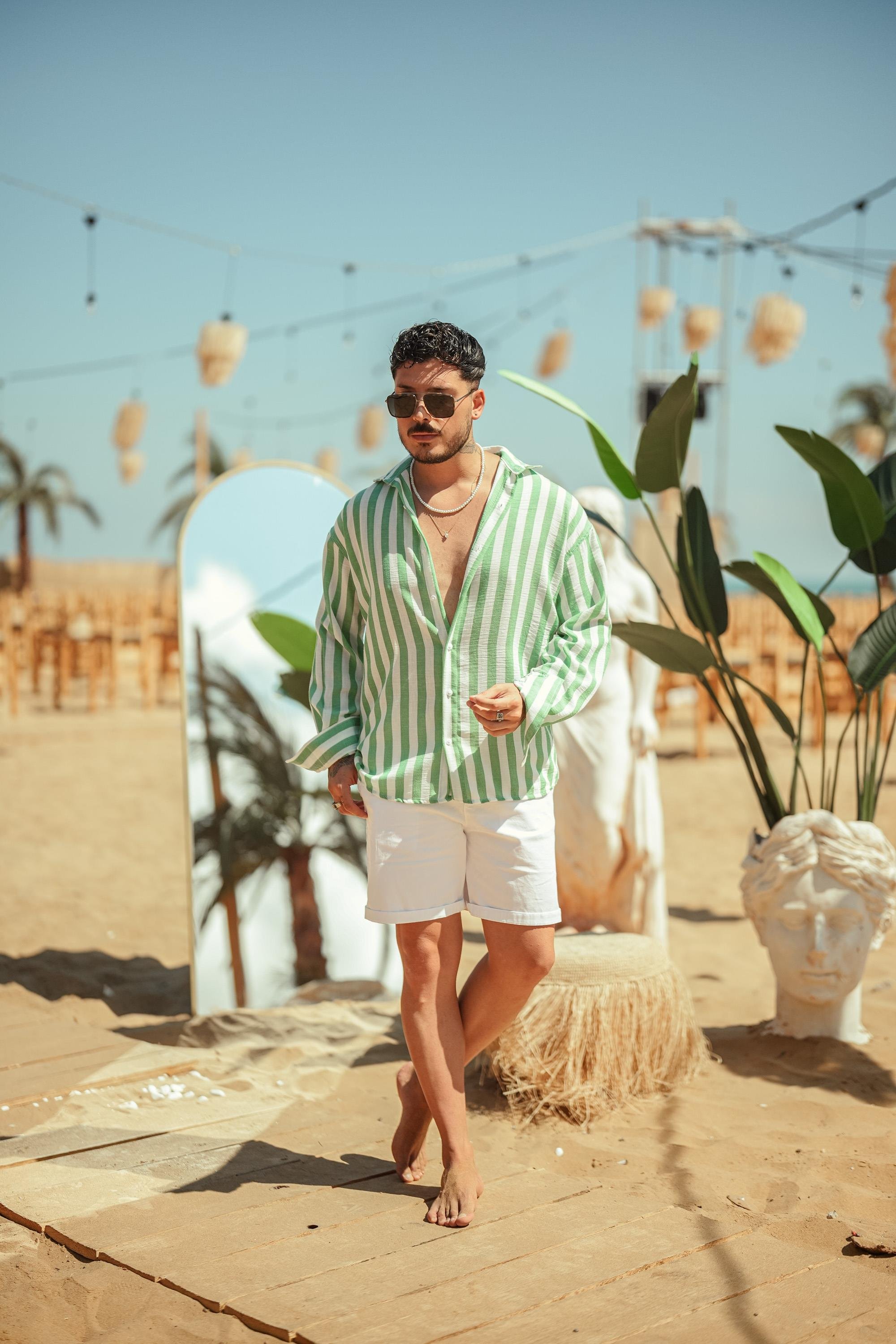 Çizgisi Kalın Detaylı Oversize Gömlek Yeşil