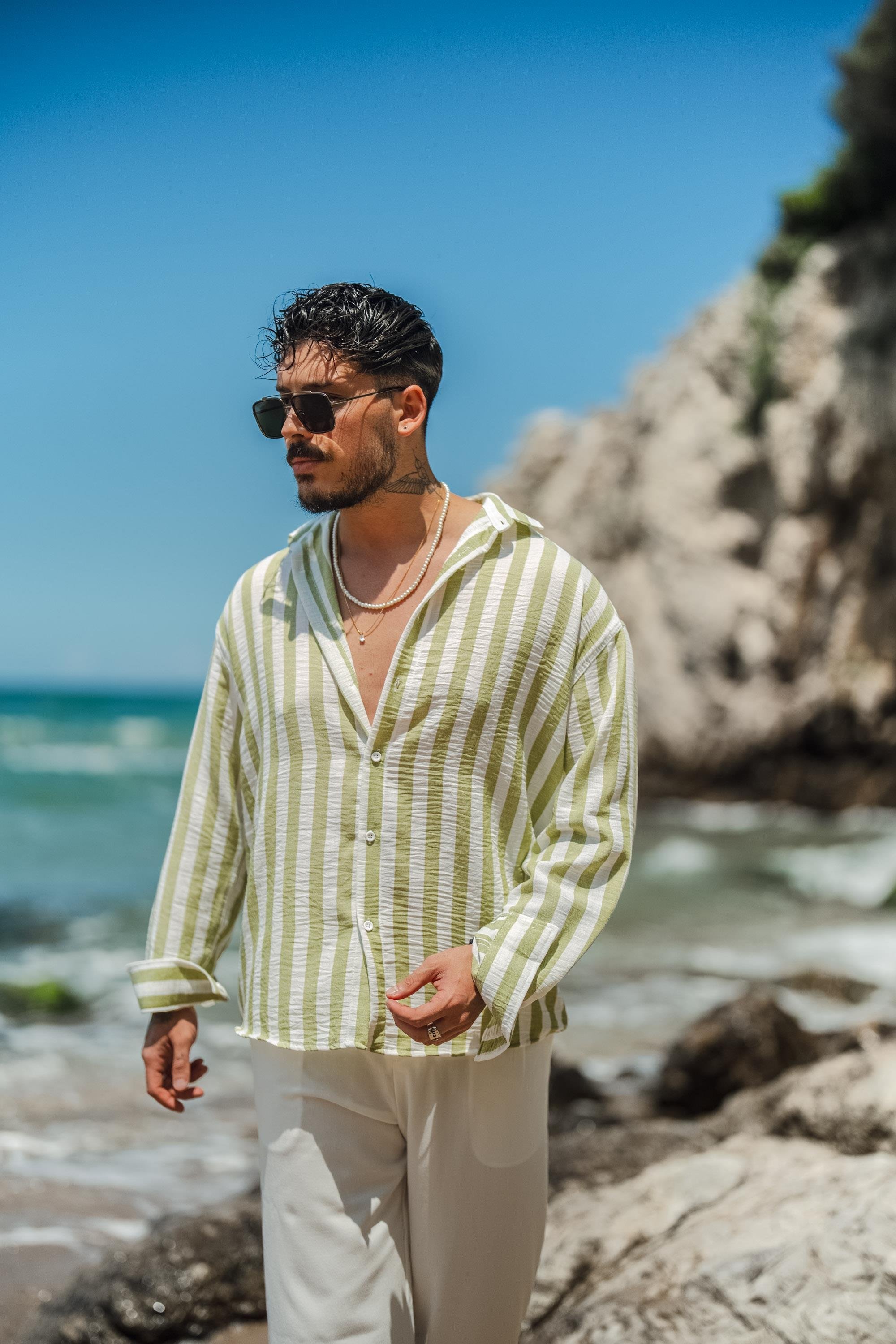 Çizgisi  Kalın Detaylı Oversize Gömlek Fıstık Yeşiili