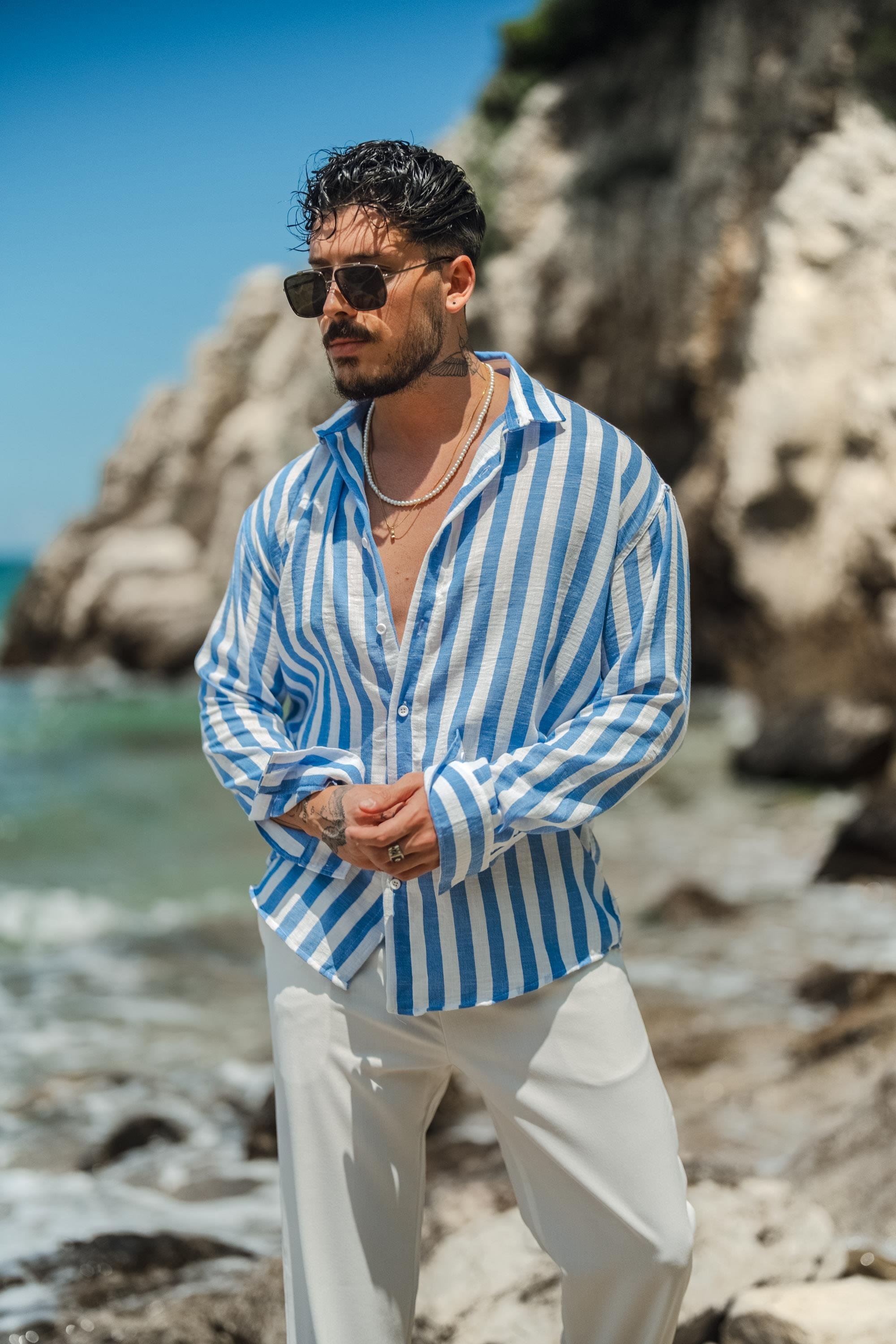 Çizgisi  Kalın Detaylı Oversize Gömlek Açık Mavi