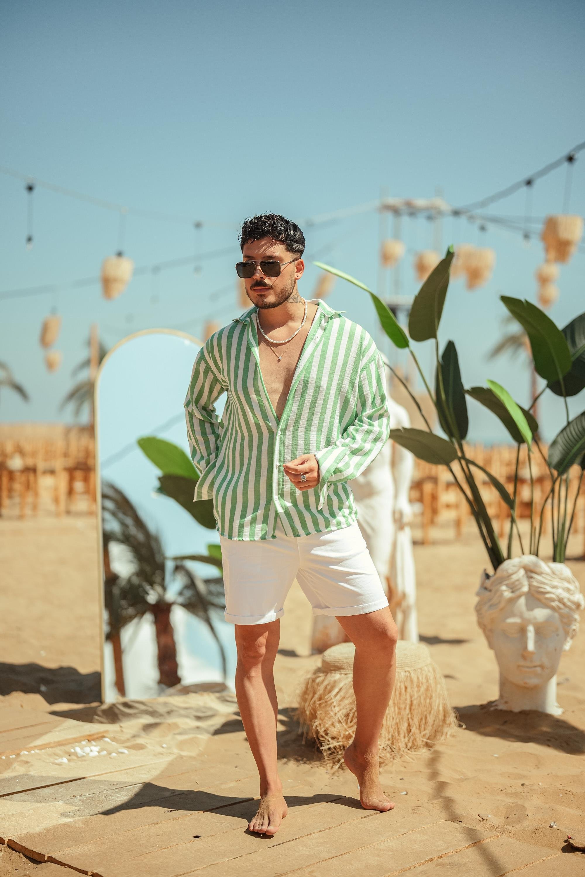 Çizgisi Kalın Detaylı Oversize Gömlek Yeşil